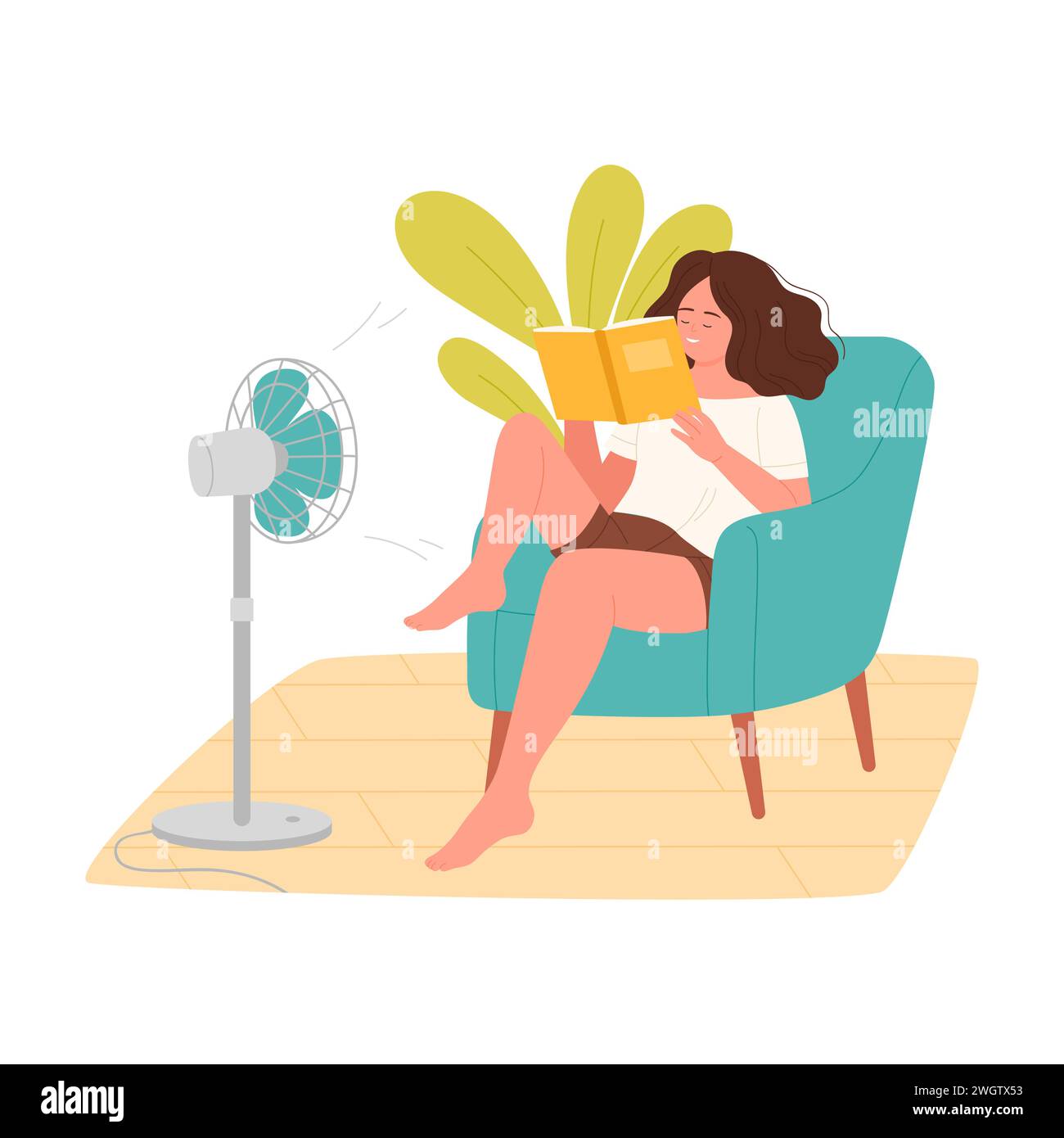 Girl in armchair reading with cooling fan. Home interior comfort, fresh air cartoon vector illustration Stock Vector