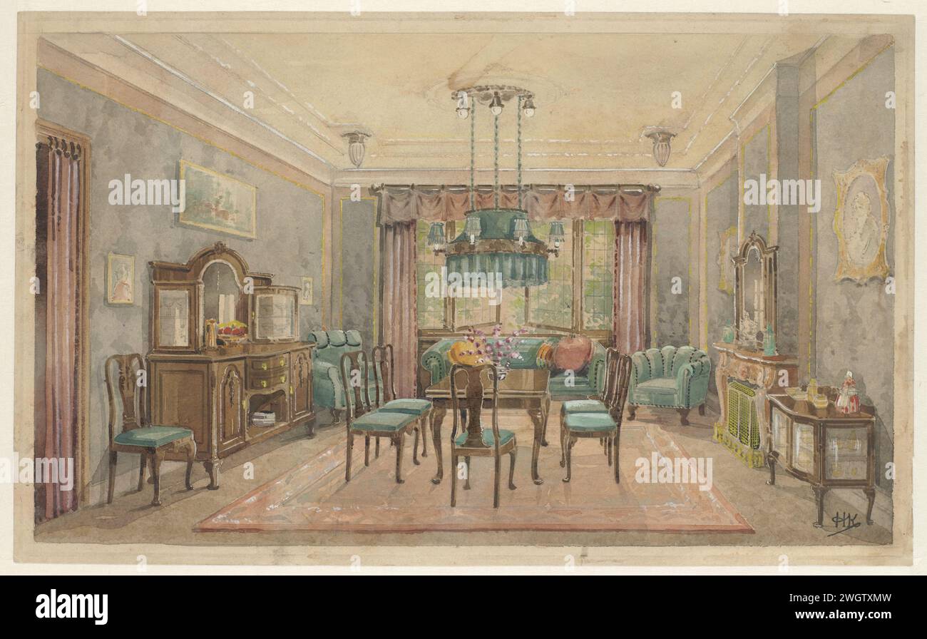 Dining room with green canapé, monogrammist HK (the Netherlands, 20th ...