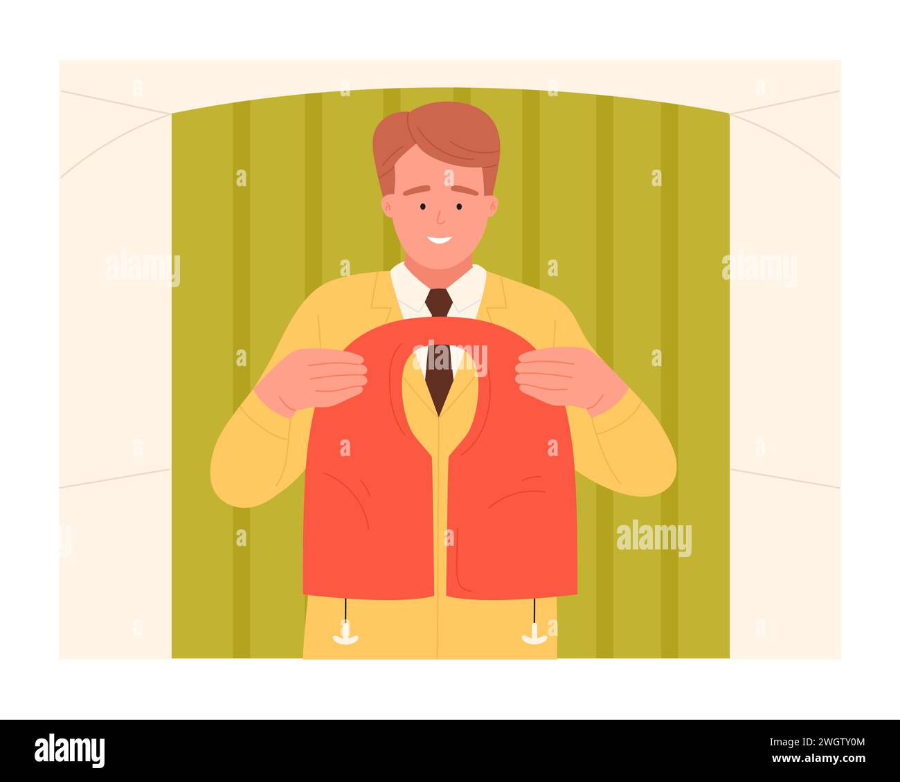 Flight attendant with safety life jacket. Cabin crew safety