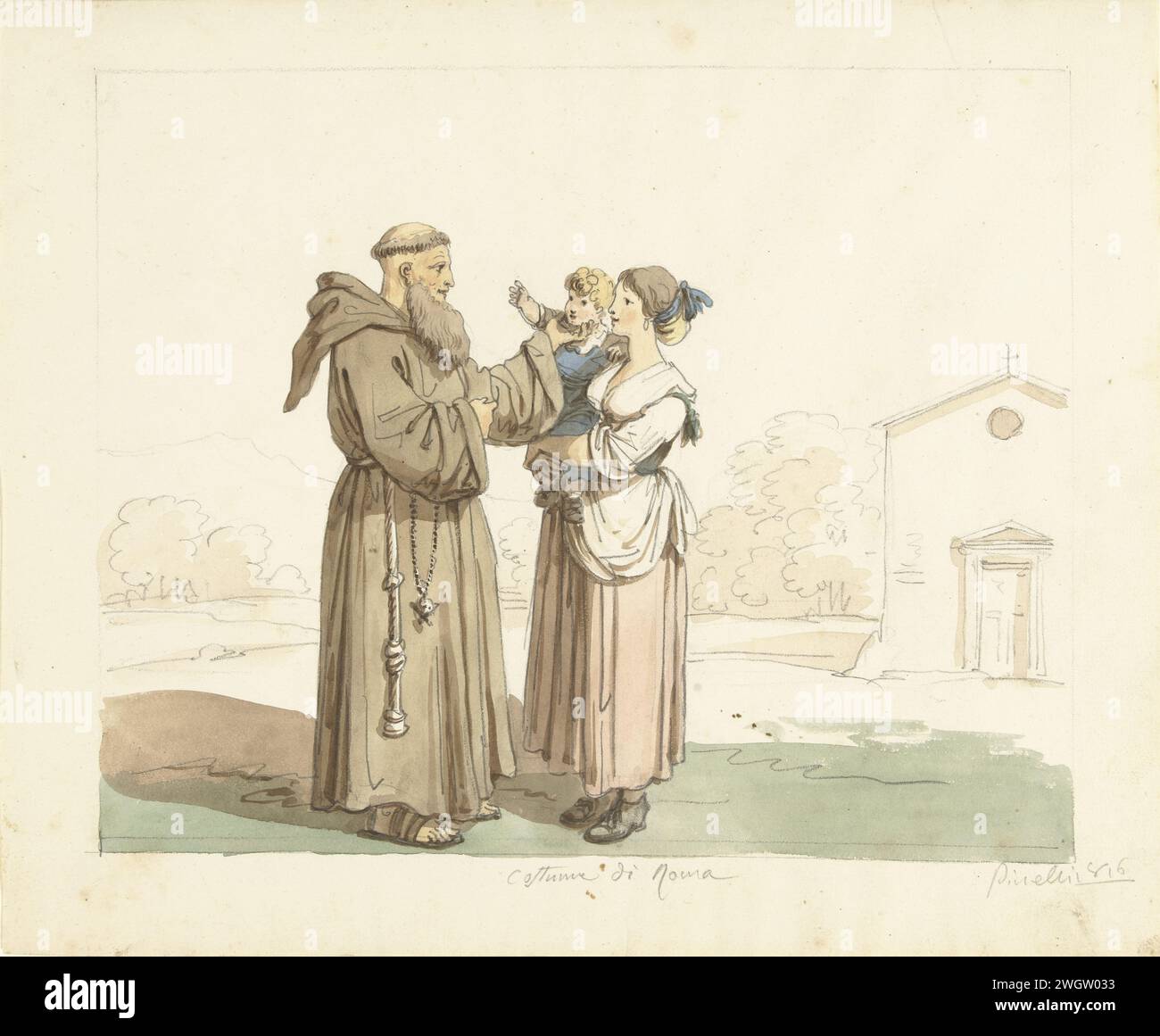 Young woman with child standing for a monk, Bartolomeo Pinelli, 1816 ...
