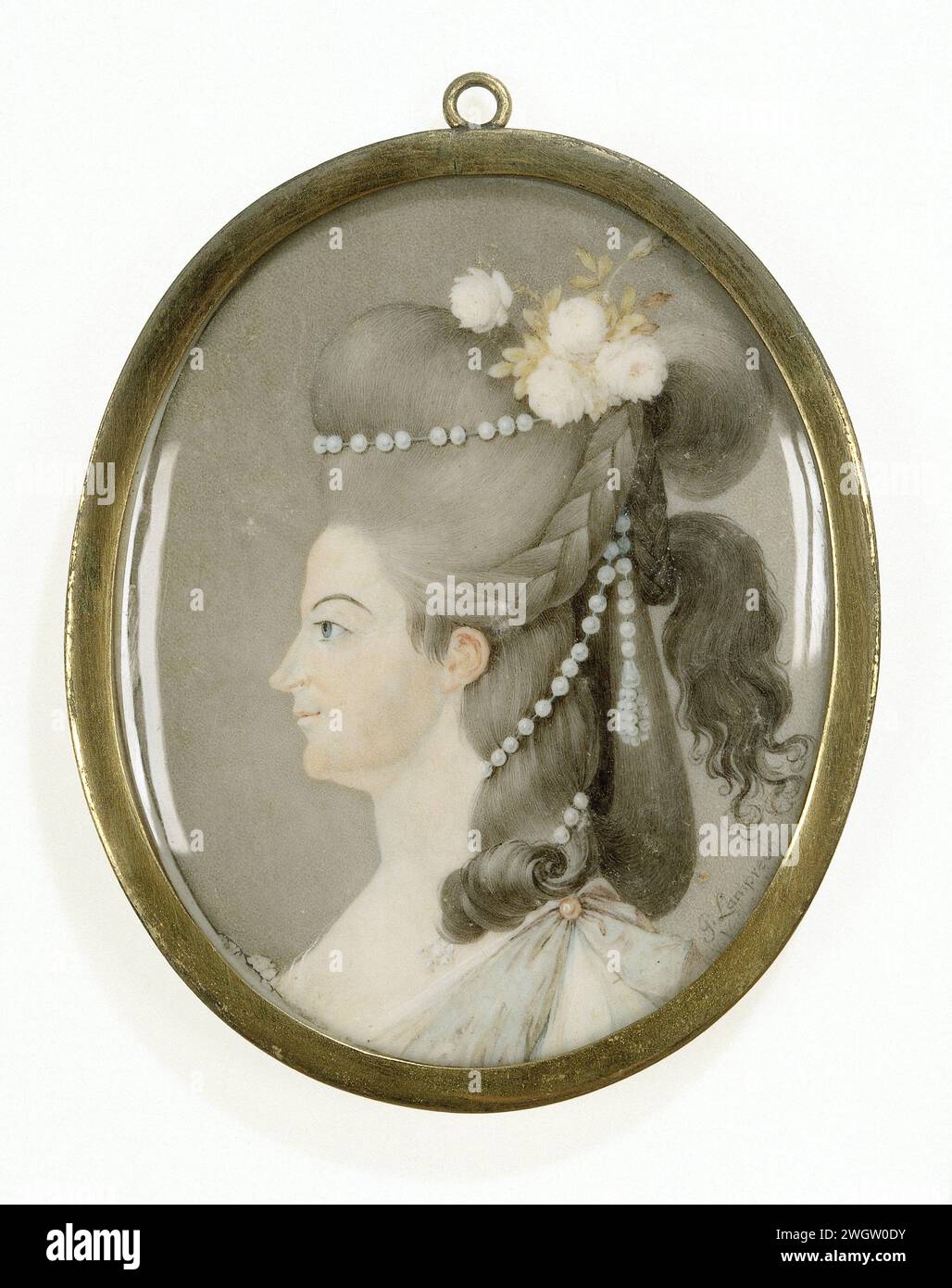 Frederika Sophia Wilhelmina (1751-1820), princess of Prussia. Wife of Prince Willem V, Georg Lamprecht, 1780 miniature (painting) Portrait of Frederika Sophia Wilhelmina (1751-1820), princess of Prussia. Wife of Prince Willem V. Buste, in profile to the left. Pearls and flowers in the hair. Part of the portrait miniatures collection.  ivory. metal. glass  historical persons - BB - woman Stock Photo