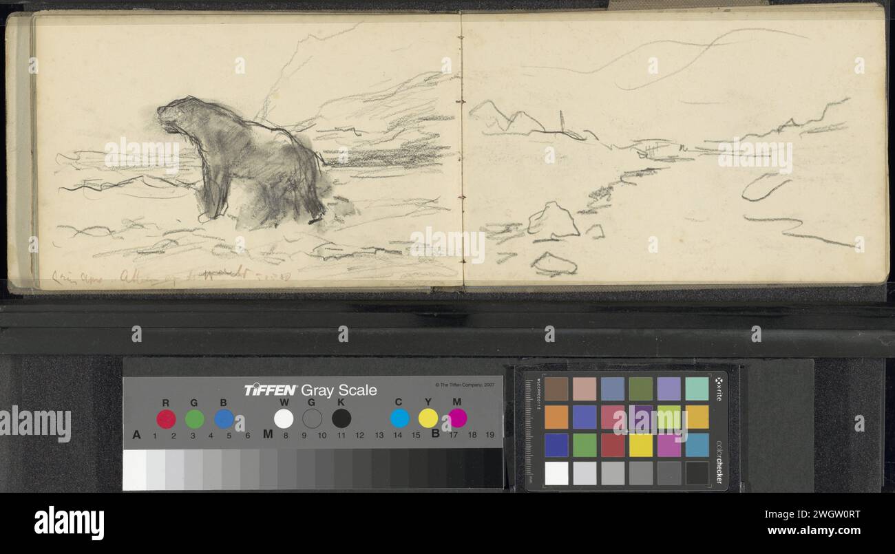 Polar bear in a landscape, Louis Apol, 1880  Page 30 Verso from a sketchbook with 38 sheets meant during the expedition to Nova Zembla in 1880. Norway paper. chalk  beasts of prey, predatory animals: polar bear. coast (in polar regions) Stock Photo