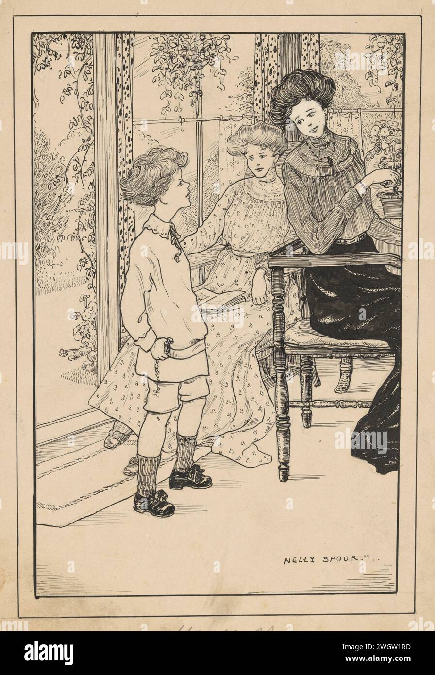 Two women and a boy in a conservatory, 1912 drawing A woman sits at a table in a conservatory. A second woman is sitting on your lap with a book. The women look at a boy who came in through the open door. He has a pouch in his hand.  cardboard. paper. India ink (ink). pencil pen sun-porch, sun-parlour, glazed verandah. sitting figure - AA - female human figure. boy (child between toddler and youth) Stock Photo