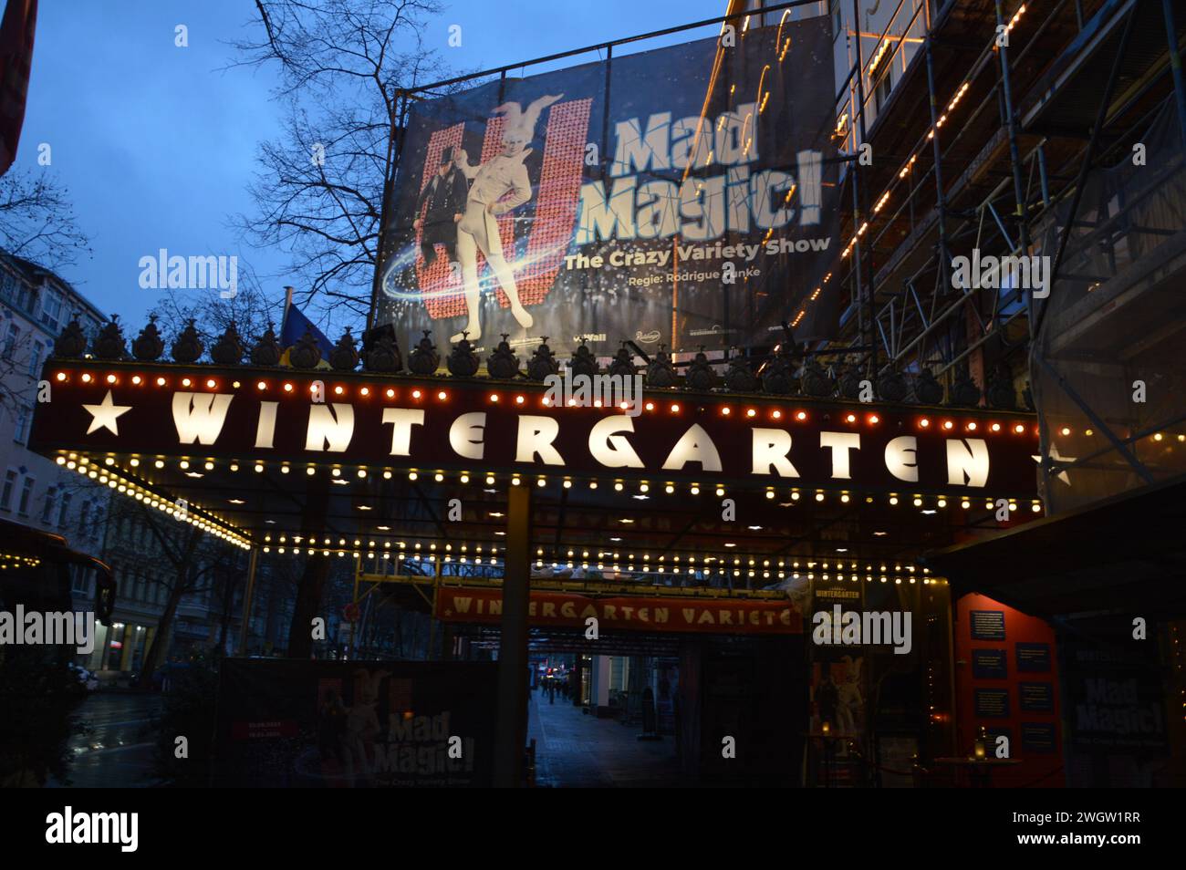 Berlin, Germany - February 3, 2024 - Canopy entrance of Wintergarten theatre at Potsdamer Strasse. Stock Photo
