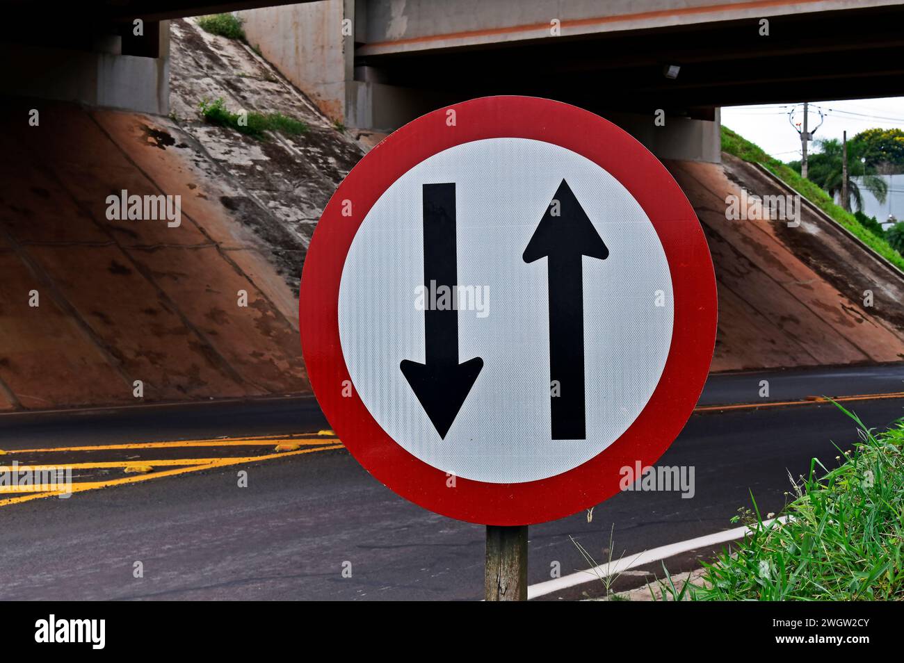 Traffic sign indicating two way Stock Photo