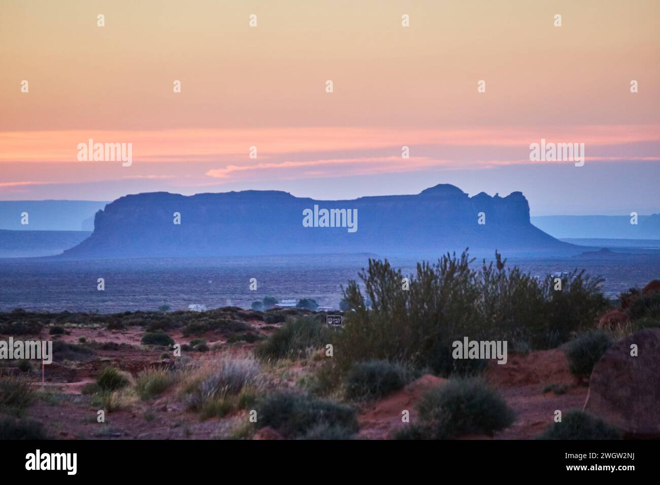 Twilight Serenity in Desert Landscape with Mesas, Arizona Stock Photo