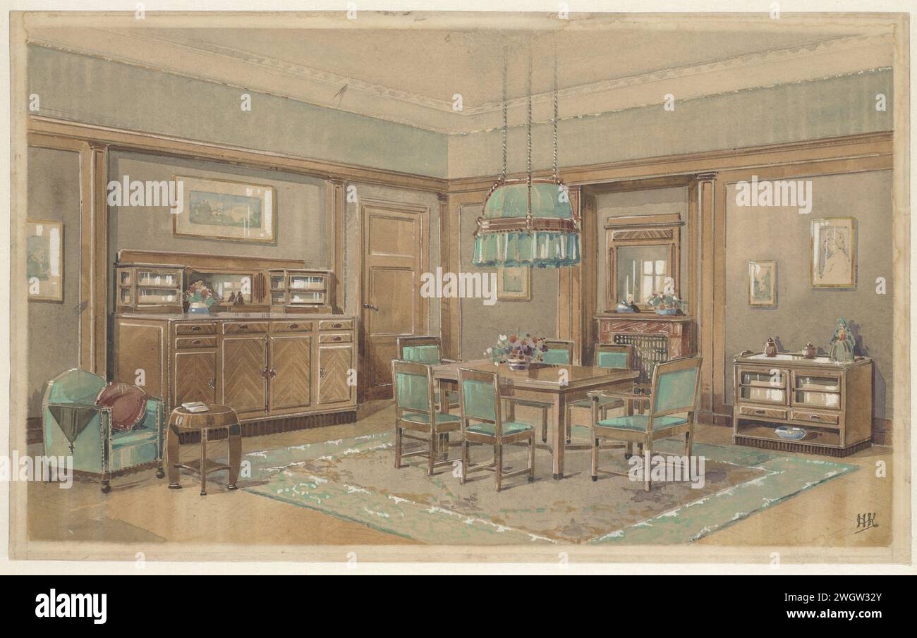Dining room with a green track on top along the walls, monogrammist HK ...