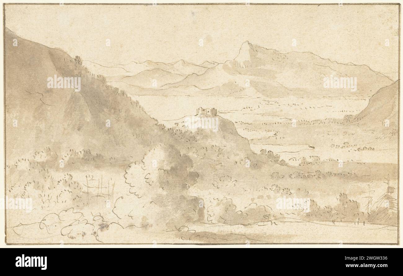 Mountain landscape with a lake and a castle, Agostino Tassi (Possible), 1590 - 1644 drawing Mountain landscape with a lake and a castle in a ridge.  paper. ink pen / brush farm or solitary house in landscape. mountains Stock Photo