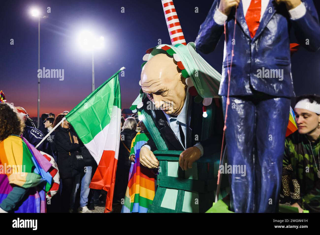 Viareggio, Italy. 03rd Feb, 2024. A float featuring a satirical representation of Guido Crosetto is participating in the first masked parade of the Carnival of Viareggio in Viareggio, Italy, on February 3, 2024. (Photo by Alessandro Bremec/NurPhoto)0 Credit: NurPhoto SRL/Alamy Live News Stock Photo