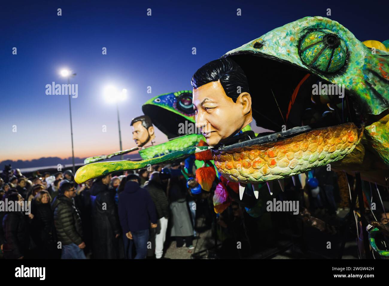 Viareggio, Italy. 03rd Feb, 2024. A float featuring a satirical representation of Xi Jinping is on display at the first masked parade of the Carnival of Viareggio in Viareggio, Italy, on February 3, 2024. (Photo by Alessandro Bremec/NurPhoto) Credit: NurPhoto SRL/Alamy Live News Stock Photo