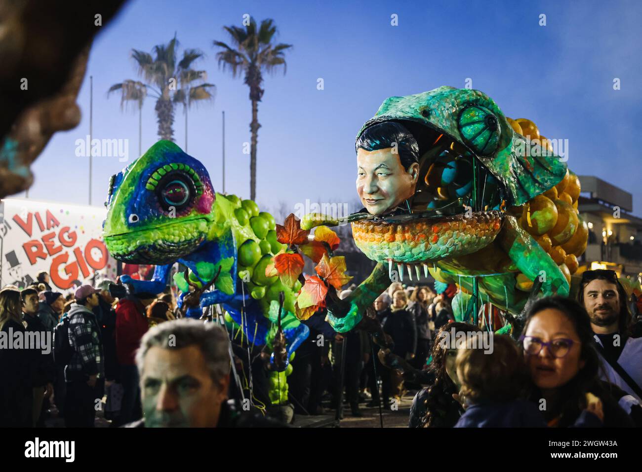 Viareggio, Italy. 03rd Feb, 2024. A float featuring a satirical representation of Xi Jinping is on display at the first masked parade of the Carnival of Viareggio in Viareggio, Italy, on February 3, 2024. (Photo by Alessandro Bremec/NurPhoto) Credit: NurPhoto SRL/Alamy Live News Stock Photo