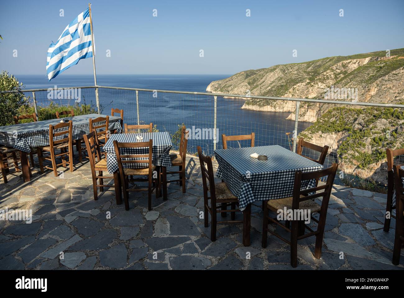 Greek tavern on Viewpoint of Cliffs in Kambi in Zakinthos Greece Island. Beautiful cliff coast on greek island. Wild cliffs of the western Zakynthos Stock Photo