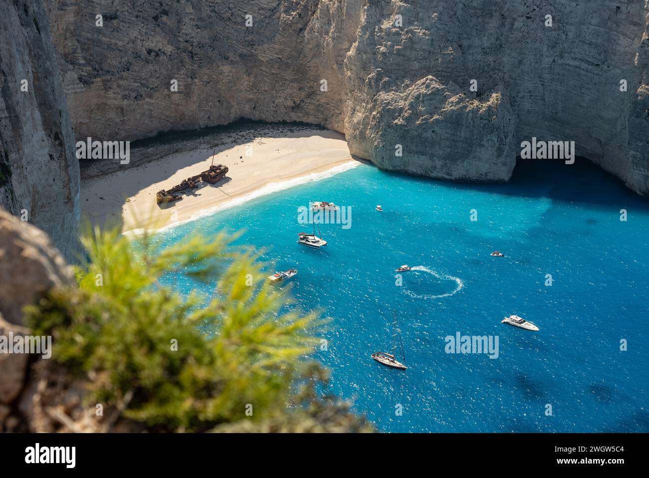 Aerial view of Navagio beach on Zakynthos island, Greece. Shipwreck on the beach in Zakynthos island, Greece. Shipwreck Beach or Agios Georgios. is ex Stock Photo