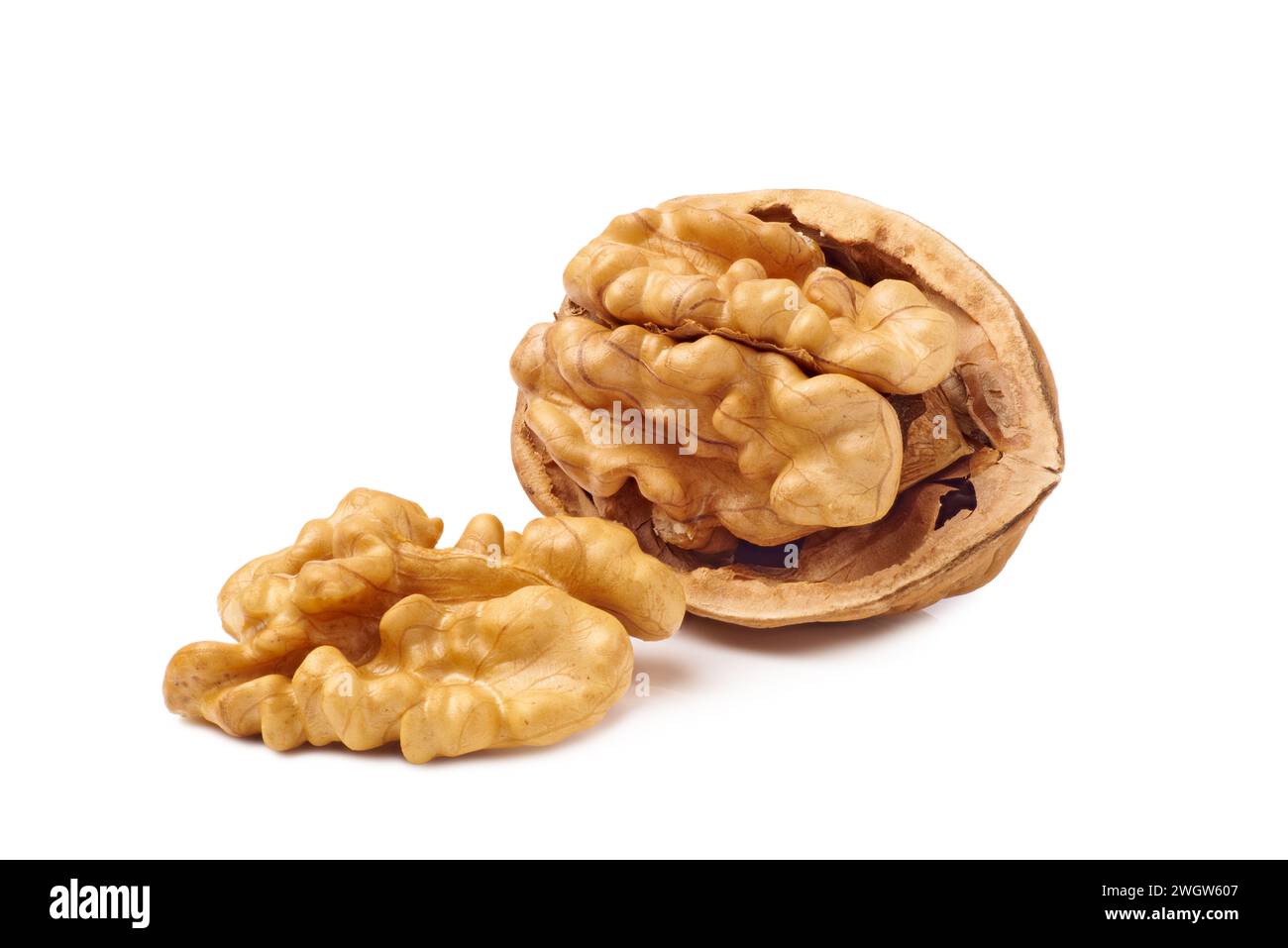 Opened walnut and kernel isolated on white Stock Photo