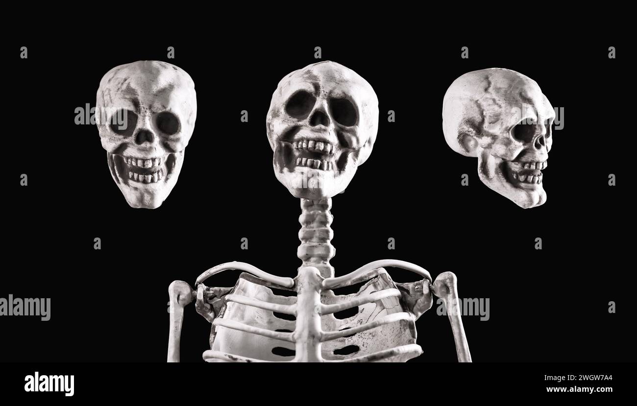 Skull and skeleton, bones set isolated on black background Stock Photo