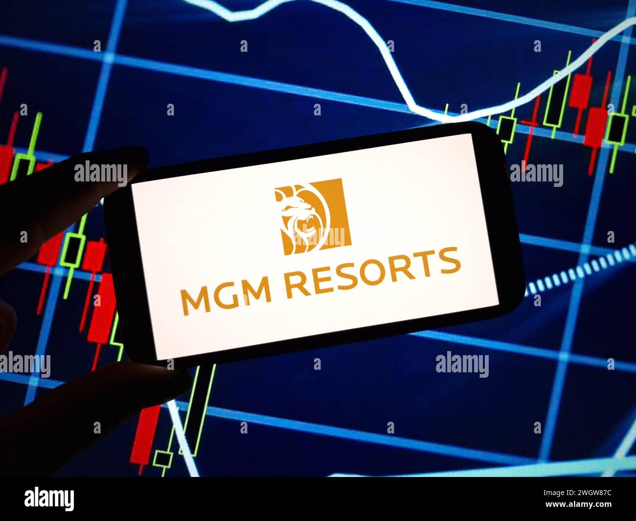 Konskie, Poland - February 05, 2024: MGM Resorts company logo displayed on mobile phone Stock Photo