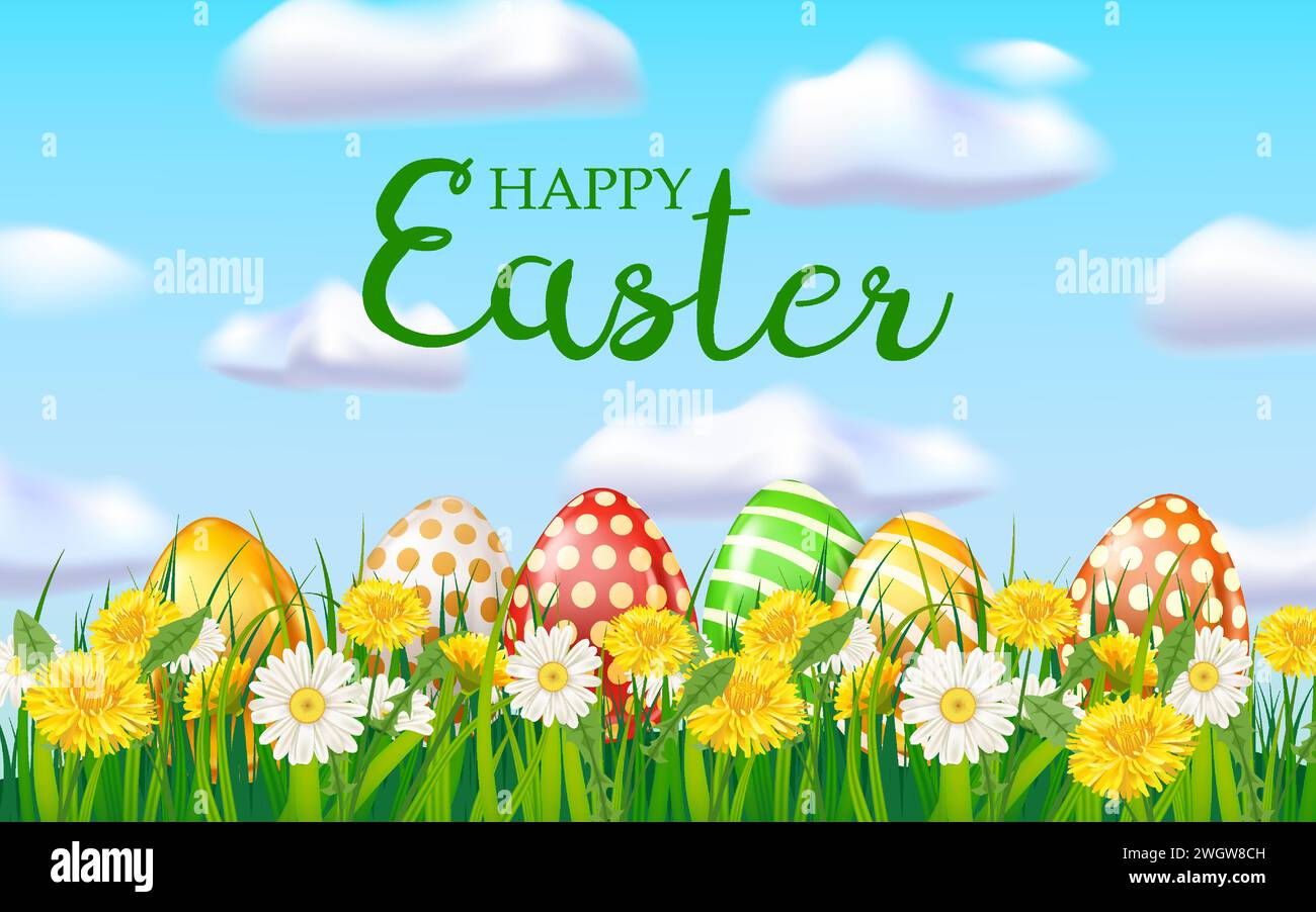 Easter eggs colored, green grass daisy and dandelion Stock Vector