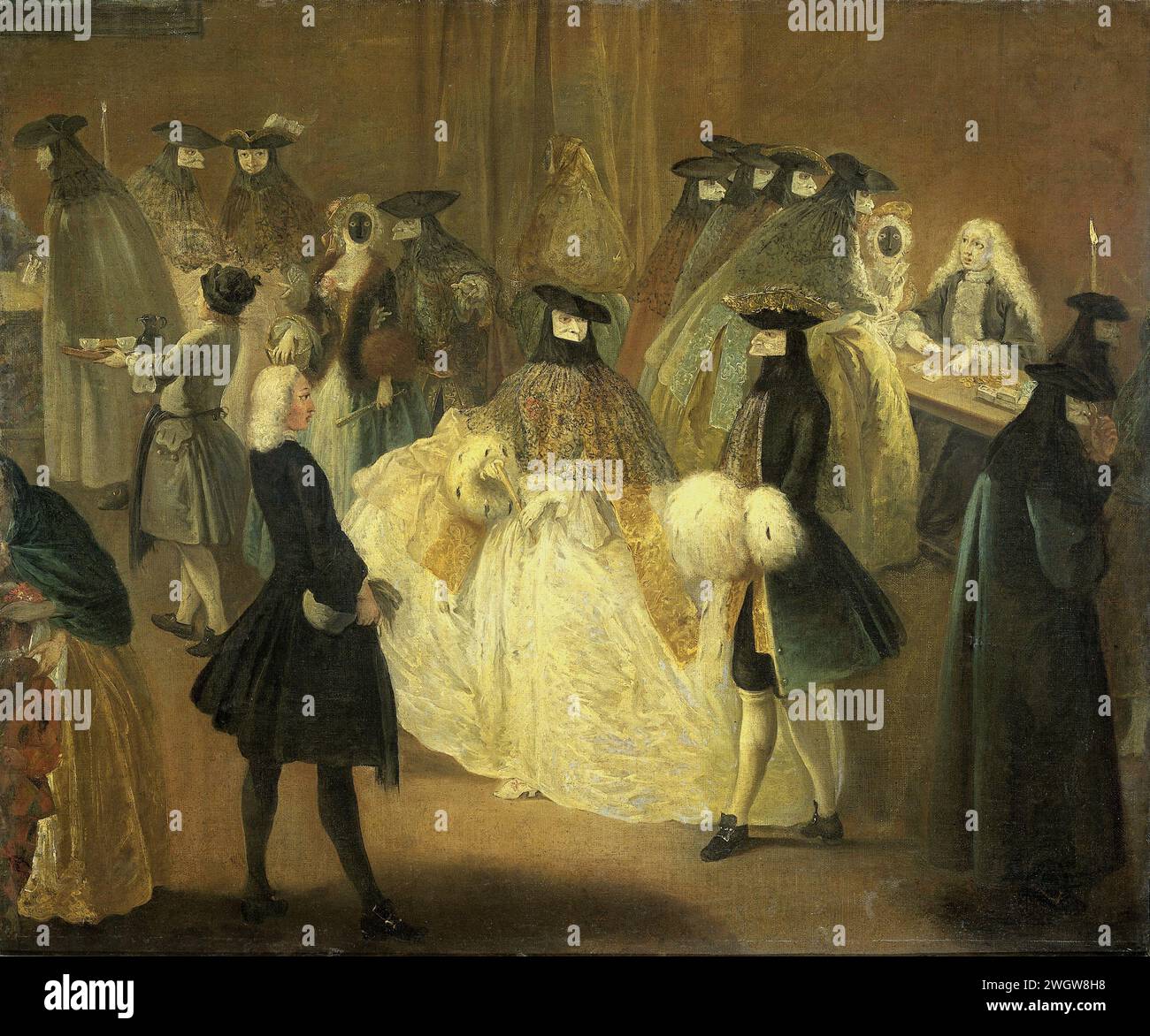 The Casino, Pietro Longhi (Follower of), 1720 - 1790 painting. fragment The playing bench. With candles illuminated interior in which groups of masked and elegantly dressed men and ladies enjoy themselves with gambling games.  canvas. oil paint (paint)  masquerade, masked ball. mask. Carnival, Shrovetide (non-liturgical celebration). casino Stock Photo