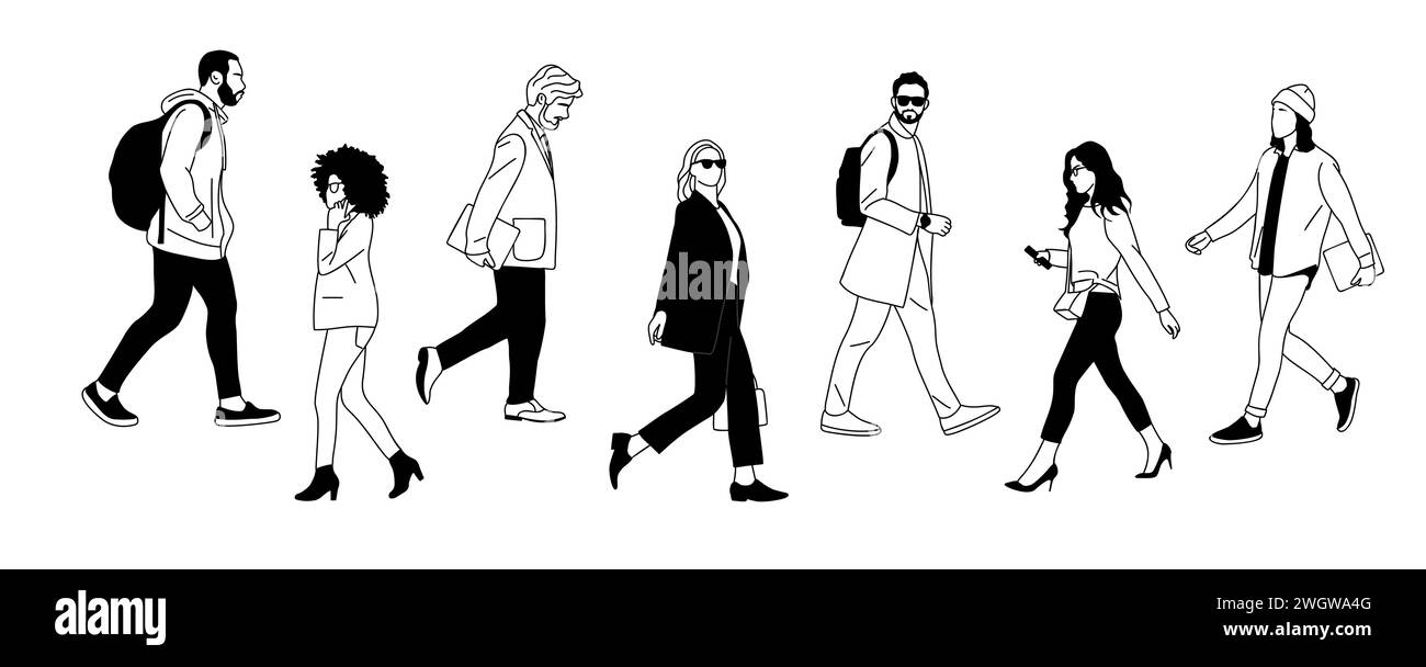 Set of Diverse business people walking side view Stock Vector Image ...