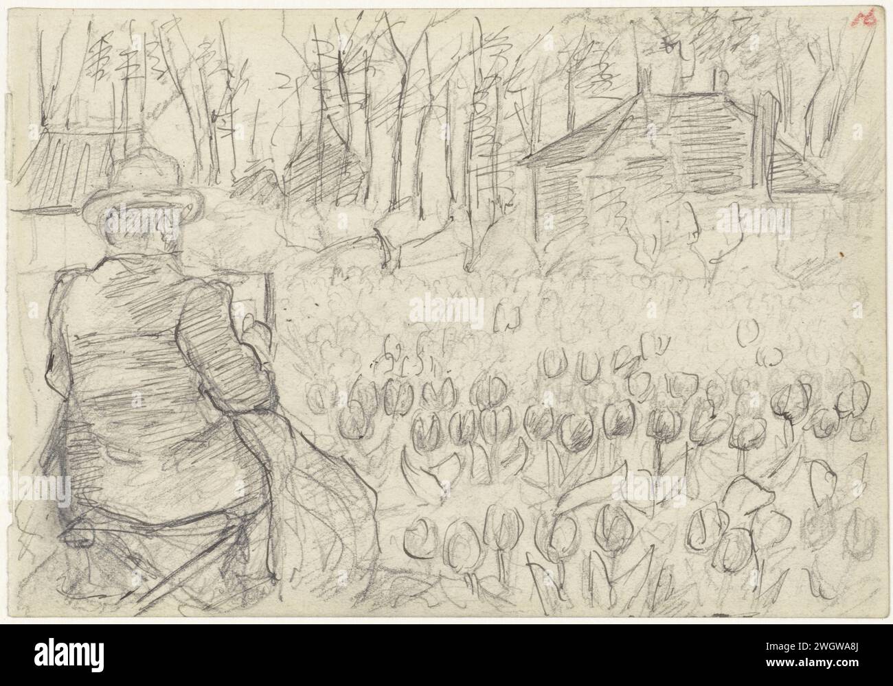 Painter in a tulip field, Jozef Israëls, 1834 - 1911 drawing   paper. ink. pencil pen painter at work, in his studio - CC - out of doors. nursery, market garden. flowers: tulip Stock Photo