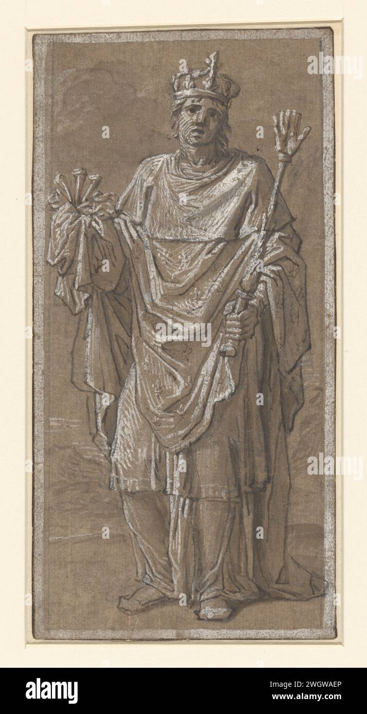 Holy Lodewijk, Anonymous, 1580 - 1620 drawing The Holy Louis, standing with scepter and thorn crown in the hands, in spiritual robe, with crown on.  paper. ink. chalk pen / brush Louis IX, king of France; possible attributes: crown of thorns, fleur-de-lis on his coat, three nails, sceptre with fleur-de-lis, model of church, hand of justice. historical persons Stock Photo