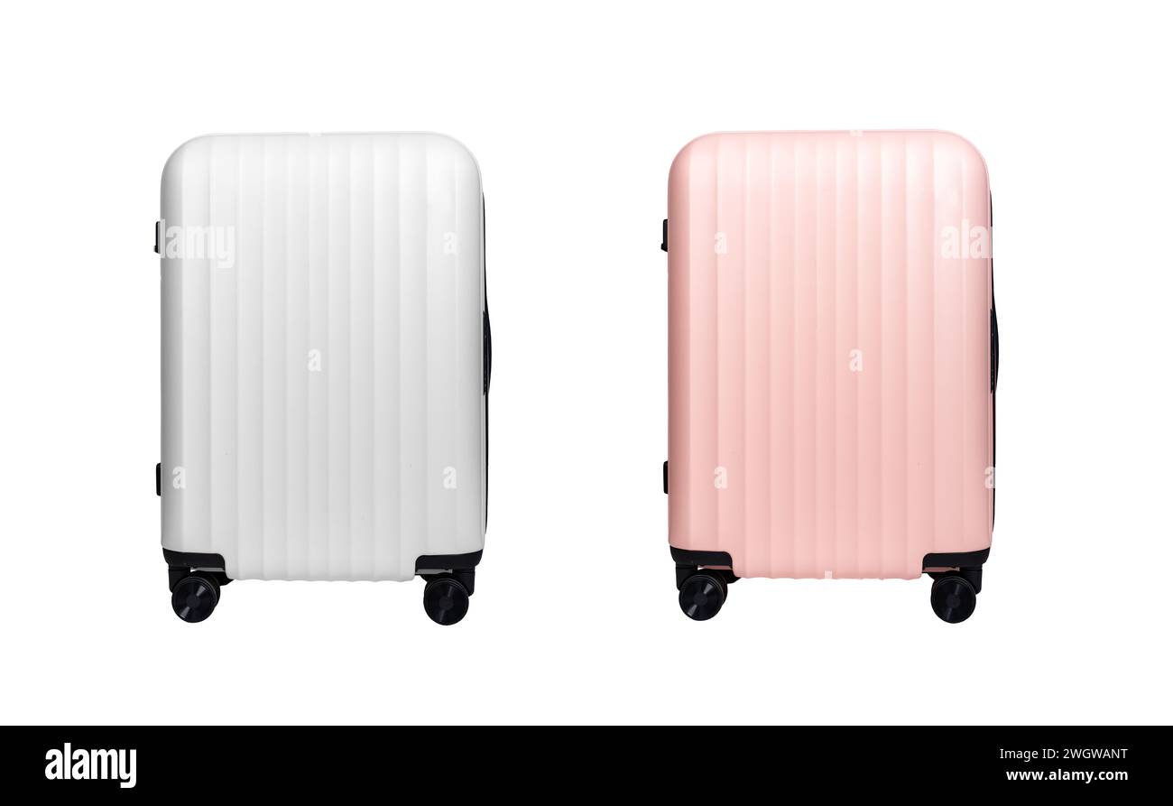 Wheeled suitcase, hand luggage, spinner baggage, carry-on bag mockup isolated on white Stock Photo