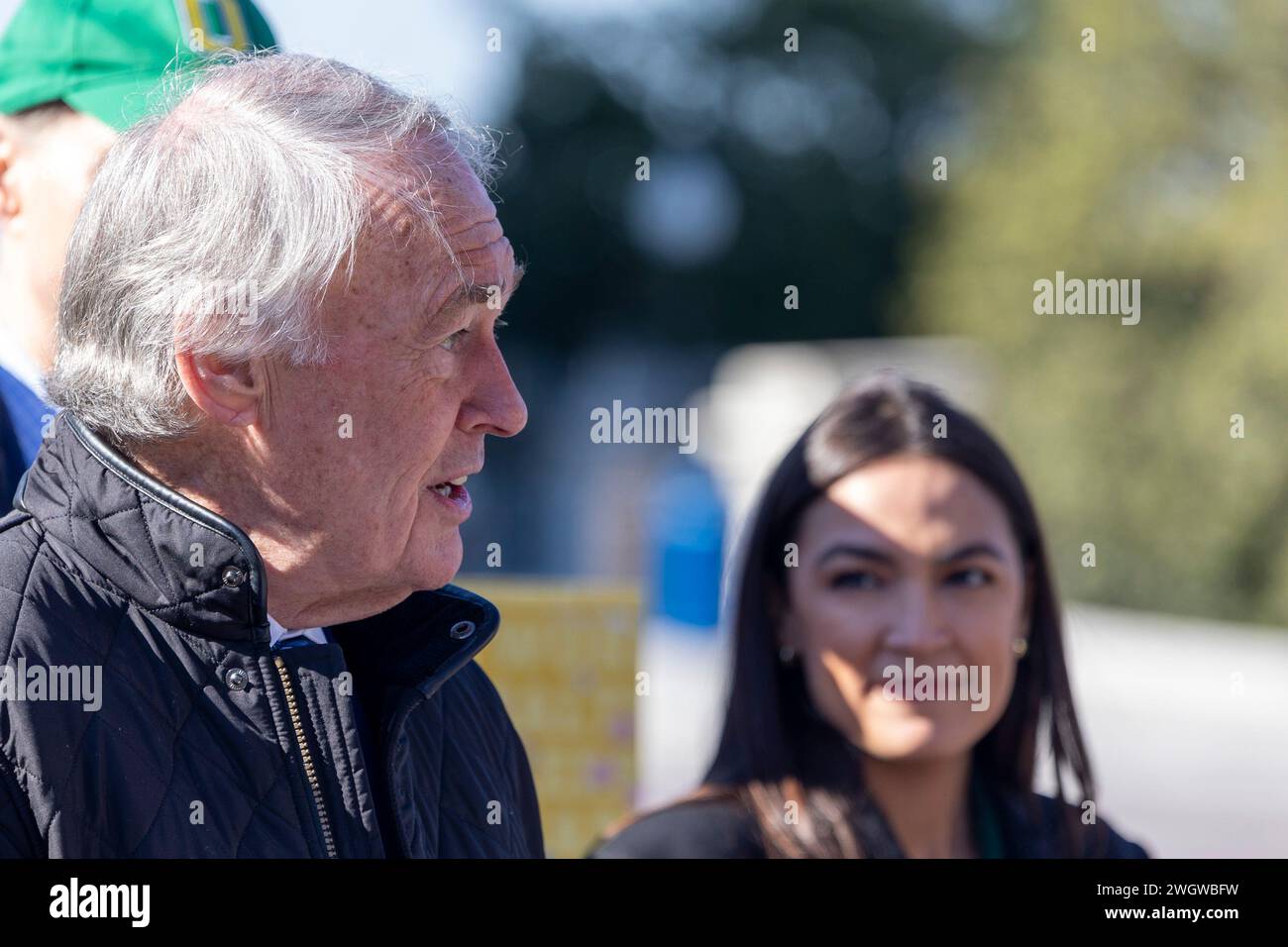 Washington, District Of Columbia, USA. 6th Feb, 2024. Senator Edward J. Markey (D-MA.), left, and Congresswoman Alexandria Ocasio-Cortez (D-NY) were joined by labor, health, and climate justice advocates in celebrating the reintroduction of the Green New Deal Resolution Tuesday, Feb. 6, 2024 in Washington. The Green New Deal proposes to tackle the climate crisis with a 10-year mobilization that puts millions of Americans to work in good-paying, union jobs. Similar to FDRÃs New Deal, these jobs would be focused on strengthening the nationÃs public infrastructure as well as tackling polluti Stock Photo