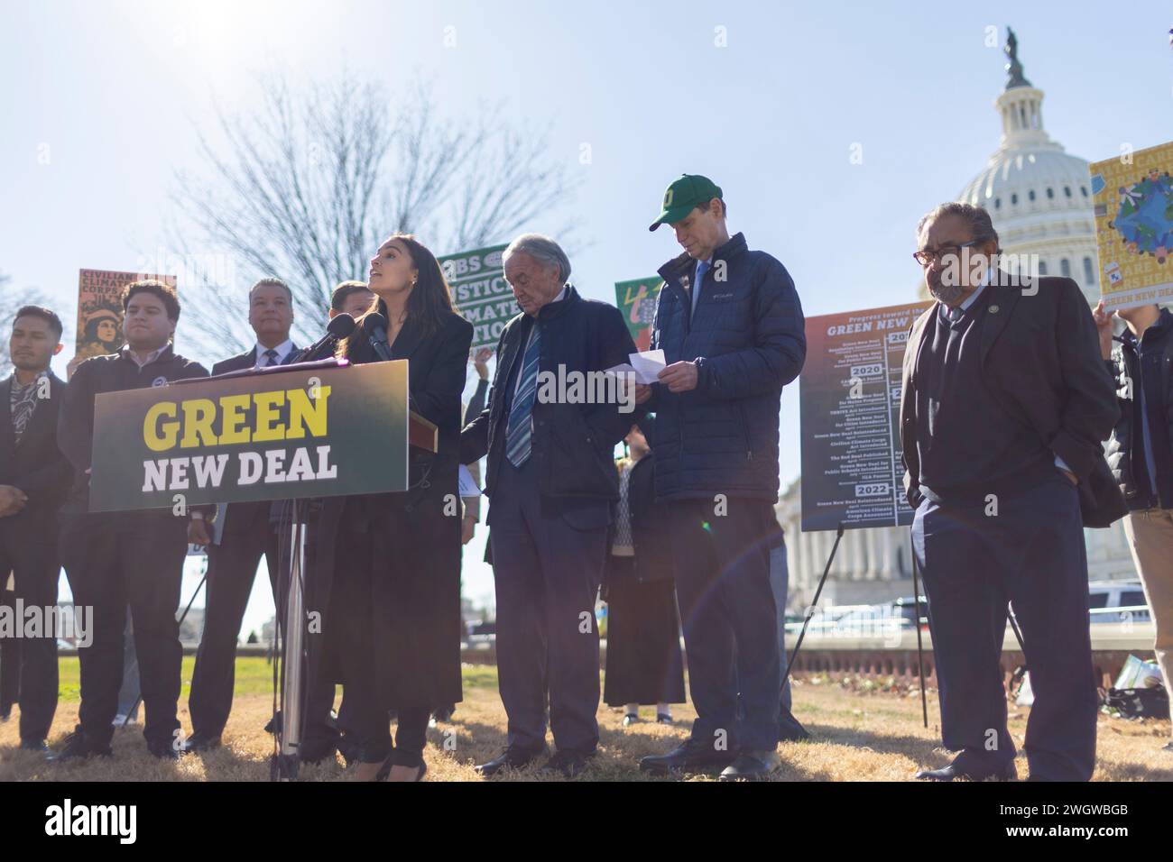Washington, District Of Columbia, USA. 6th Feb, 2024. Congresswoman Alexandria Ocasio-Cortez (D-NY), at podium, and Senator Edward J. Markey (D-MA.) were joined by labor, health, and climate justice advocates in celebrating the reintroduction of the Green New Deal Resolution Tuesday, Feb. 6, 2024 in Washington. The Green New Deal proposes to tackle the climate crisis with a 10-year mobilization that puts millions of Americans to work in good-paying, union jobs. Similar to FDRÃs New Deal, these jobs would be focused on strengthening the nationÃs public infrastructure as well as tackling po Stock Photo