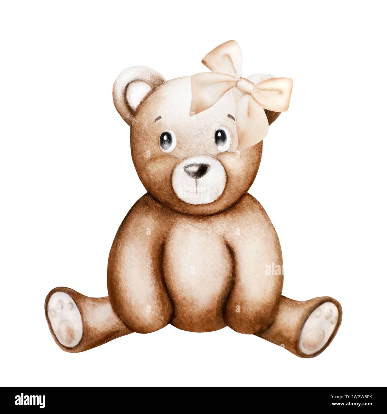 Watercolor cute cartoon teddy bear with pastel ribbon bow. Hand drawn baby illustration isolated on white background. Lovely toy for baby and kids new Stock Photo