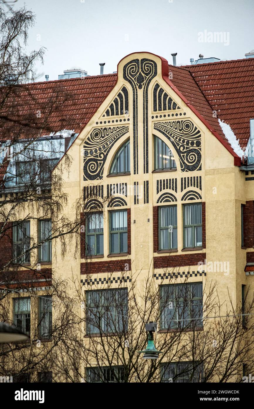Art nouveau design on the facade of a building in central Helsinki, Finland Stock Photo