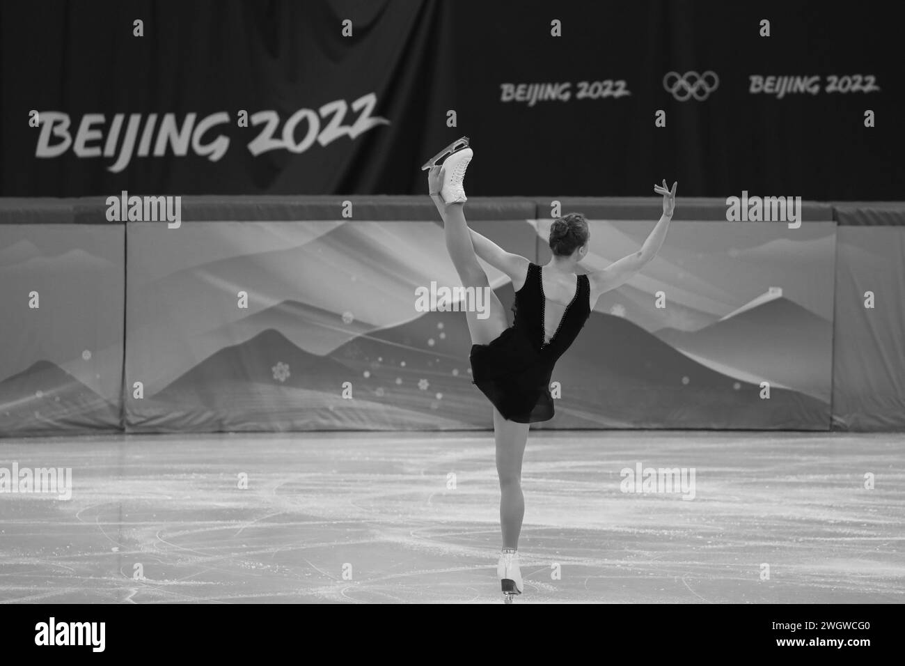 FEB 6, 2022 - Beijing, China: Anastasia Gubanova of Team Georgia skates her Short Program of the Women Single Skating as part of the Figure Skating Te Stock Photo