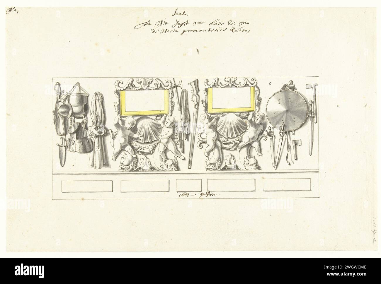 Interior decoration of Statenjacht with trophies, Pieter Jansz. Post ...