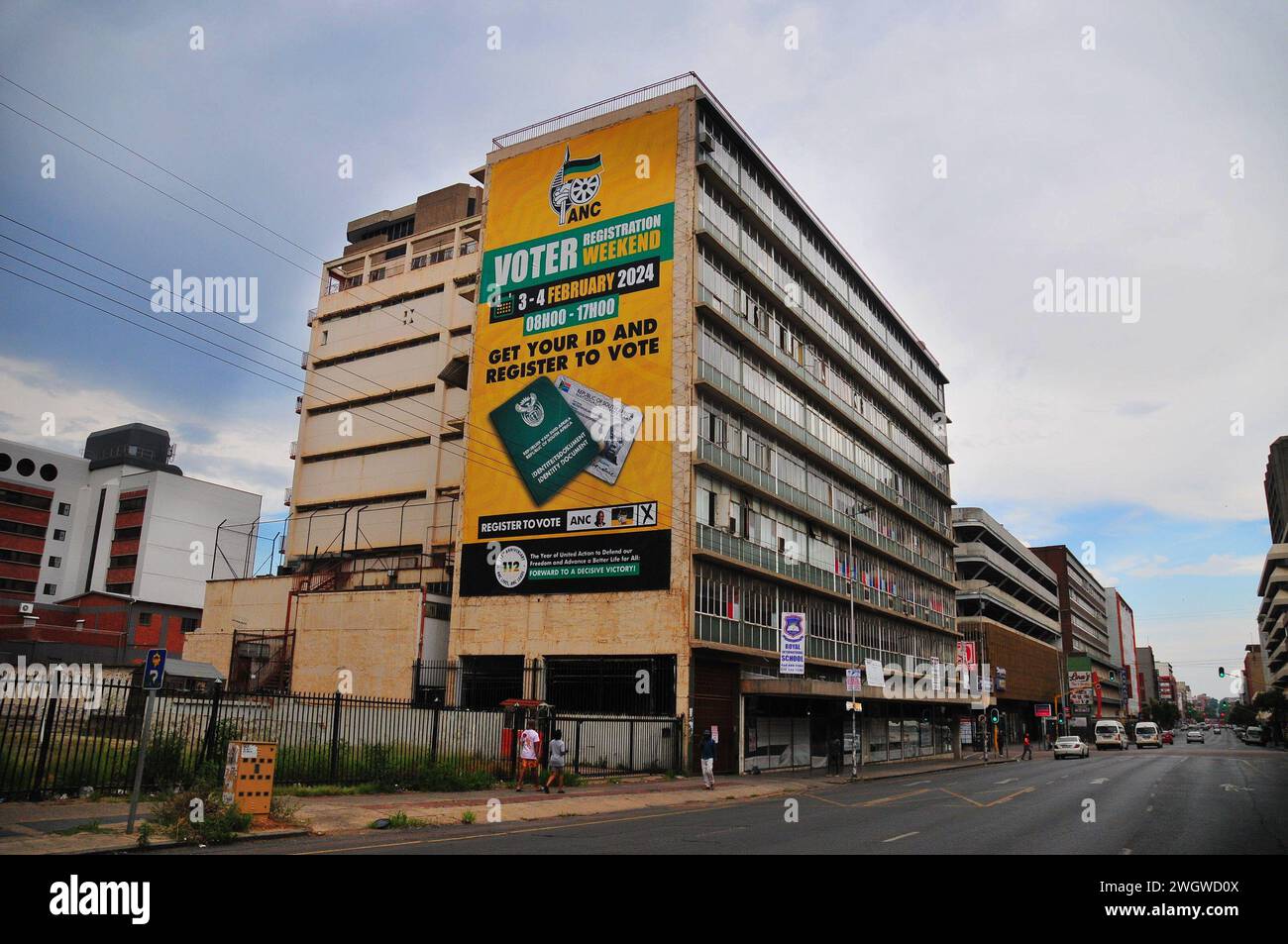 ANC election poster mounted on a building in the Pretoria CBD ahead of the 2024 general elections. Stock Photo