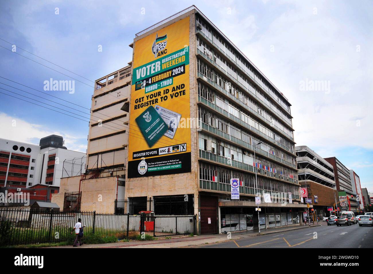 ANC election poster mounted on a building in the Pretoria CBD ahead of the 2024 general elections. Stock Photo