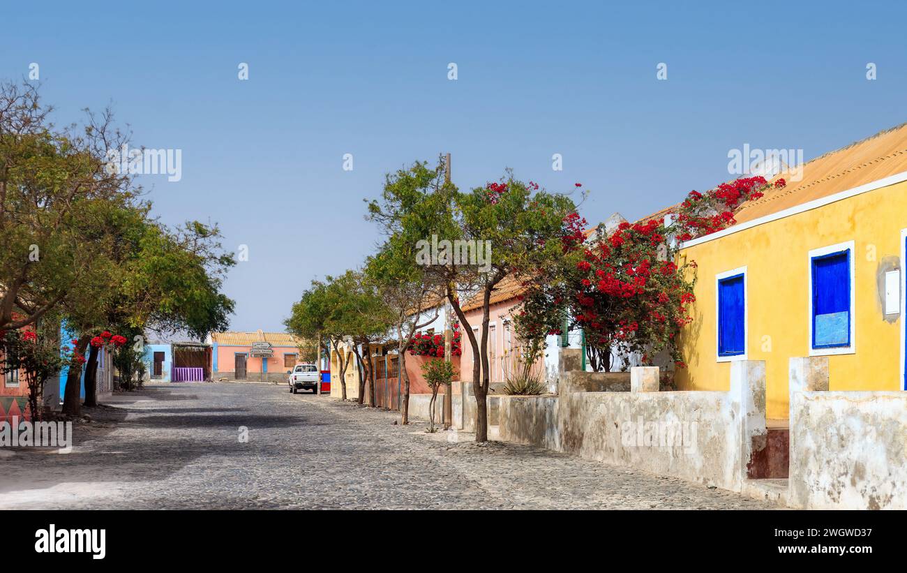 Sal Rei's Rainbow Facades :The Painted Streets of Sal Rei, Boa Vista. High quality photo Stock Photo