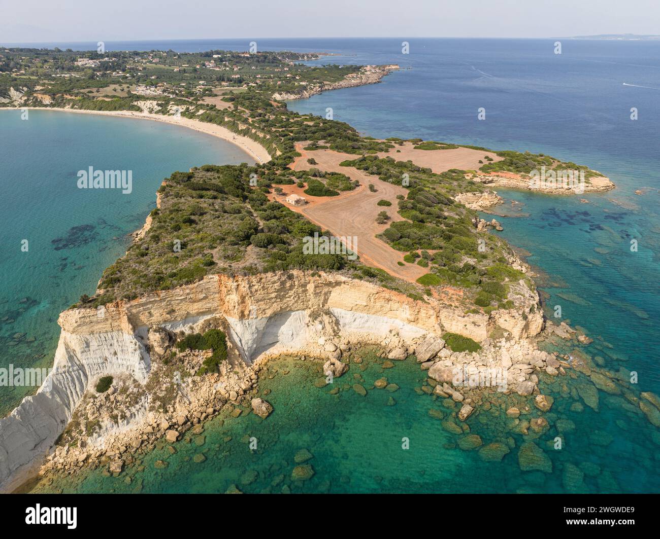 Aerial drone view of Jason's bite on Zakinthos island, Greece. Gerakas Beach. Zakynthos, at Cape Gerakas in Greece. Vasilikos Gerakas beach in Zante, Stock Photo