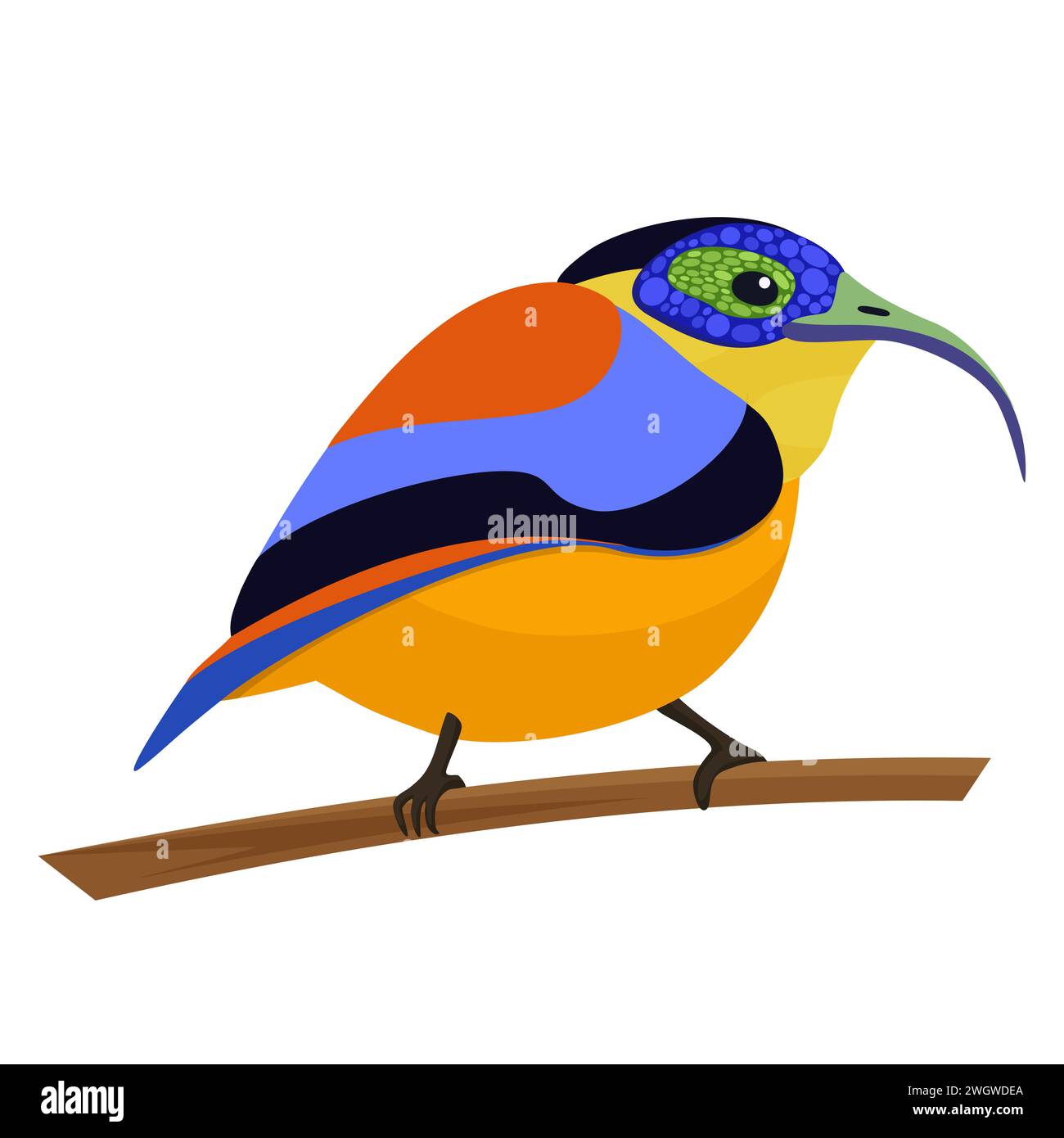 Slender billed scimitar babbler, passerine bird sitting on tree branch in tropical forest vector illustration Stock Vector