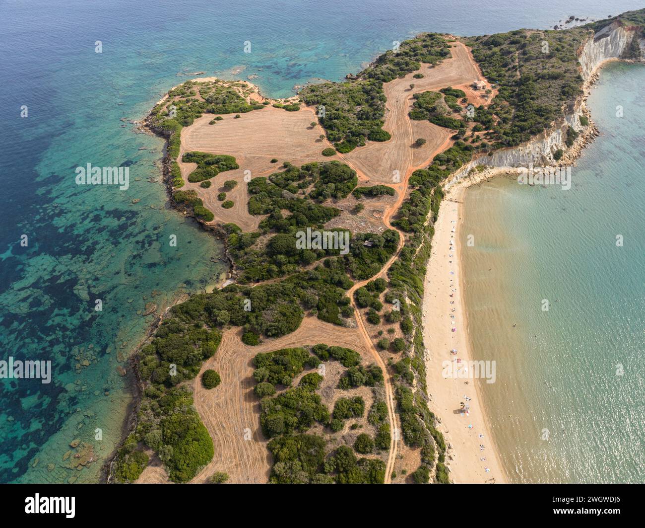 Aerial drone view of Jason's bite on Zakinthos island, Greece. Gerakas Beach. Zakynthos, at Cape Gerakas in Greece. Vasilikos Gerakas beach in Zante, Stock Photo