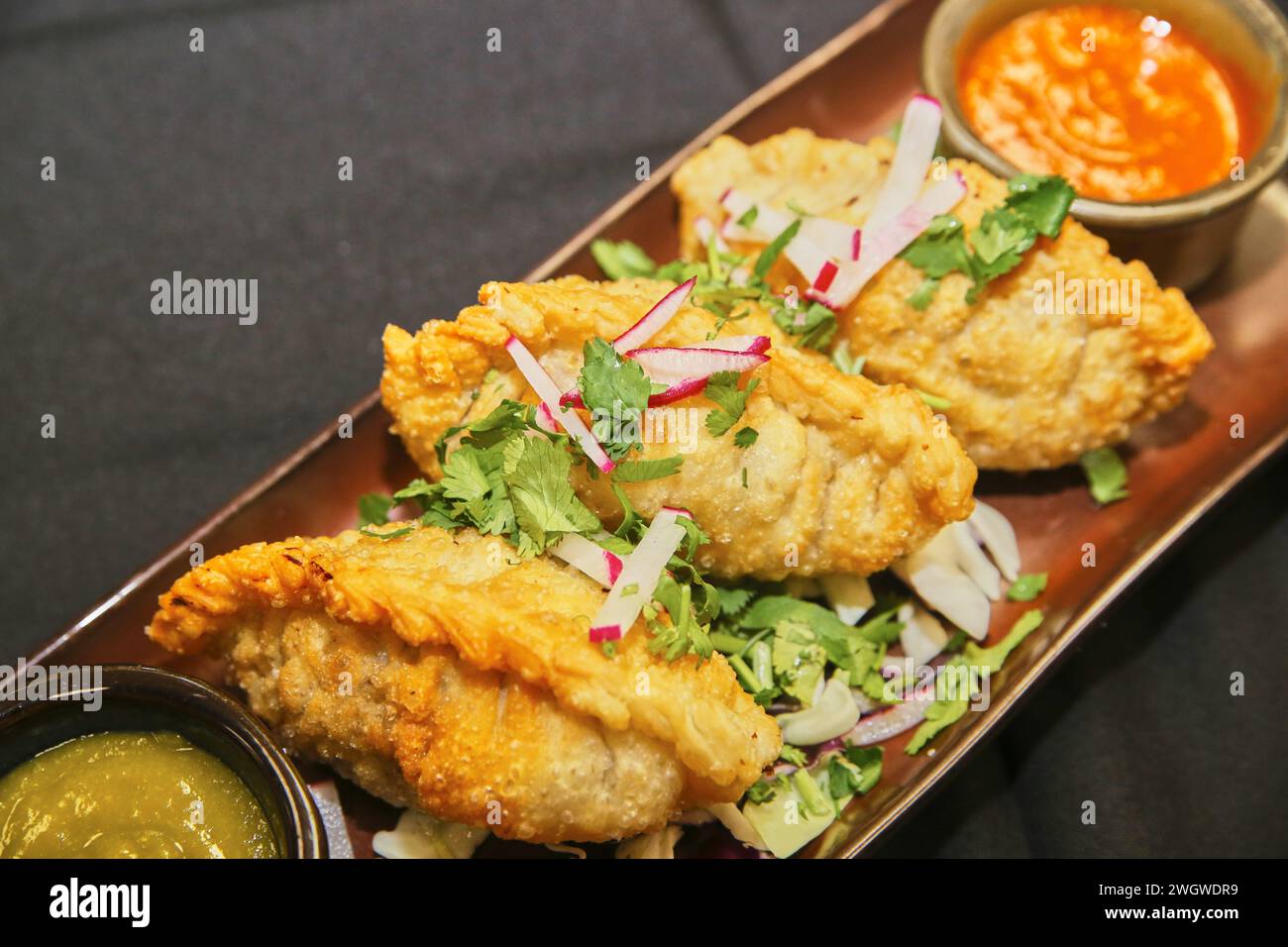 Hand-Crimped Empanadas with Fresh Garnish and Salsas Stock Photo