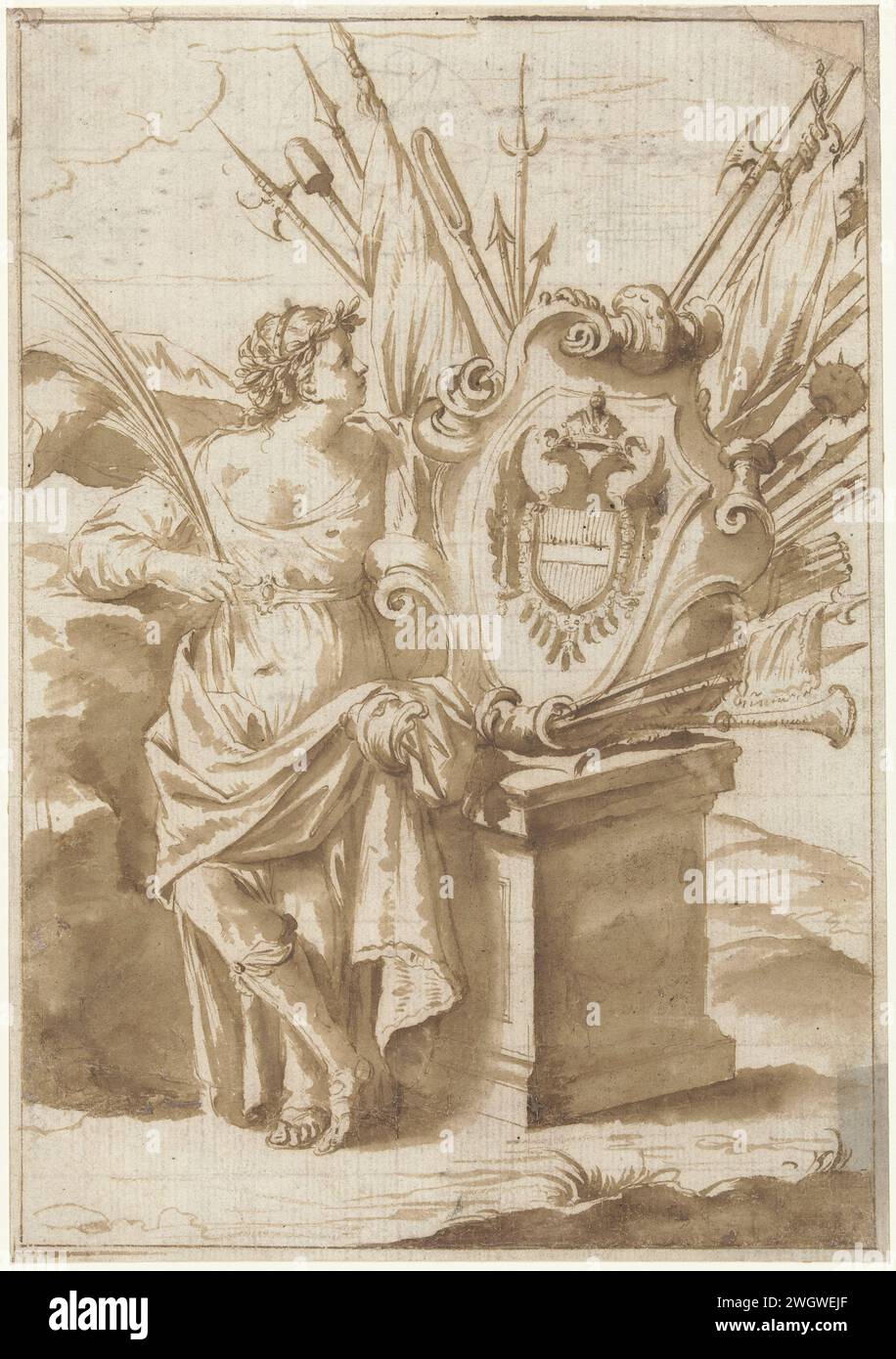 Woman at Het Wapdschild of Austria, Anonymous, 1600 - 1699 drawing Woman with a peace palm at the coat of arms of Austria surrounded by weapon trophies. Possibly a design for a title page.  paper. ink pen / brush symbols, allegories of peace, 'Pax'; 'Pace' (Ripa). coat of arms (as symbol of the state, etc.) (+ nation; national) Austria Stock Photo