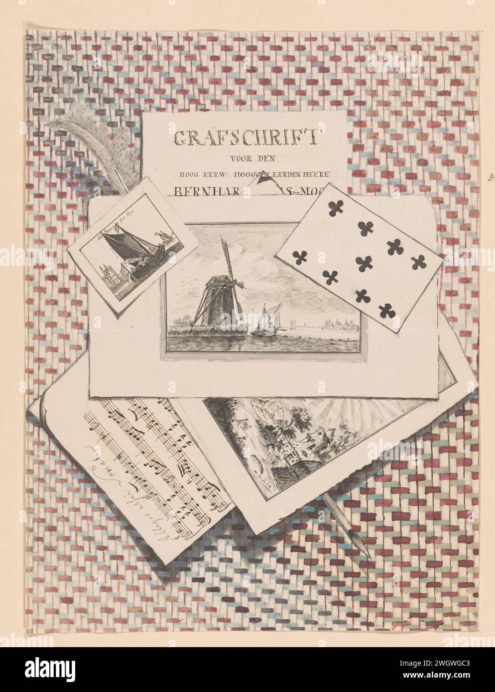 Deceiver with prints, a grave, magazine music, playing card and ferry, anonymous, in or after 1780 drawing Deceiver or trompe l'Ouil with three prints, a spring, a game card with clover, a magazine music and a burial concerning the Dutch theologian Bernhardinus de Moor, who died in 1780.  paper. ink. watercolor (paint). pencil pen / brush 'trompe l'oeil'. print, e.g.: engraving, etching, lithograph. printed edition of musical score. playing-cards Stock Photo