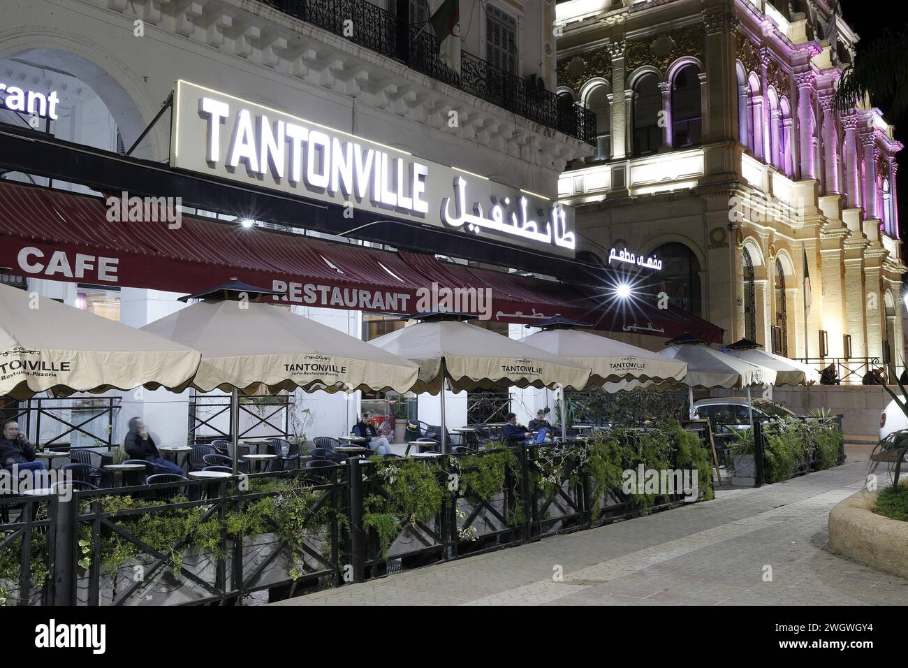 © Billel Bensalem/APP/MAXPPP - Cette photo prise le 4 fevrier 2024 montre une vue la nuit Cafe Tantonville du centre ville d'Alger, en l'Algerie (Photo By Billel Bensalem/APP) - Alger by night Feb 2024 Credit: MAXPPP/Alamy Live News Stock Photo