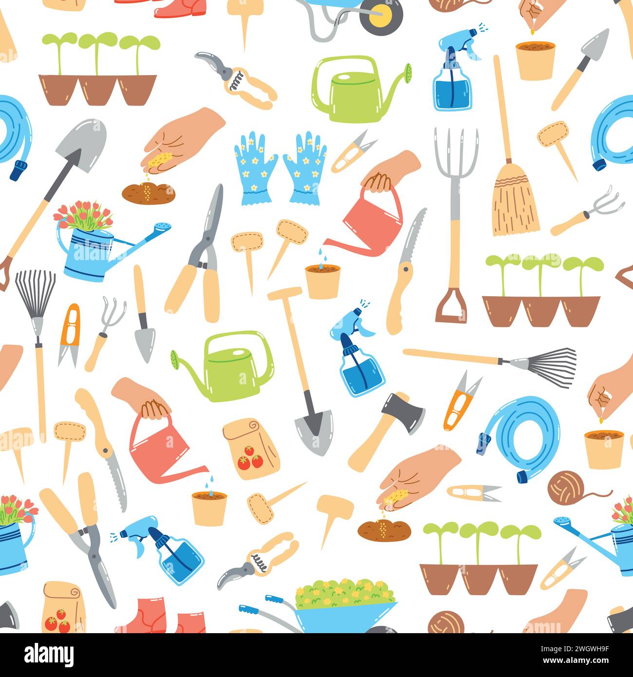 Seamless pattern with hand drawn gardening tools, agriculture equipment. Springtime wallpaper, horticulture concept. Stock Vector