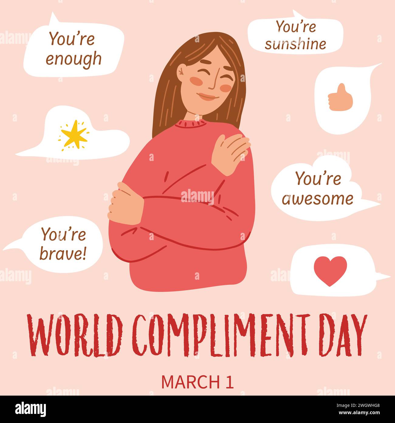 Concept of World Compliment Day. Hand drawn illustration of woman hugging herself. Stock Vector