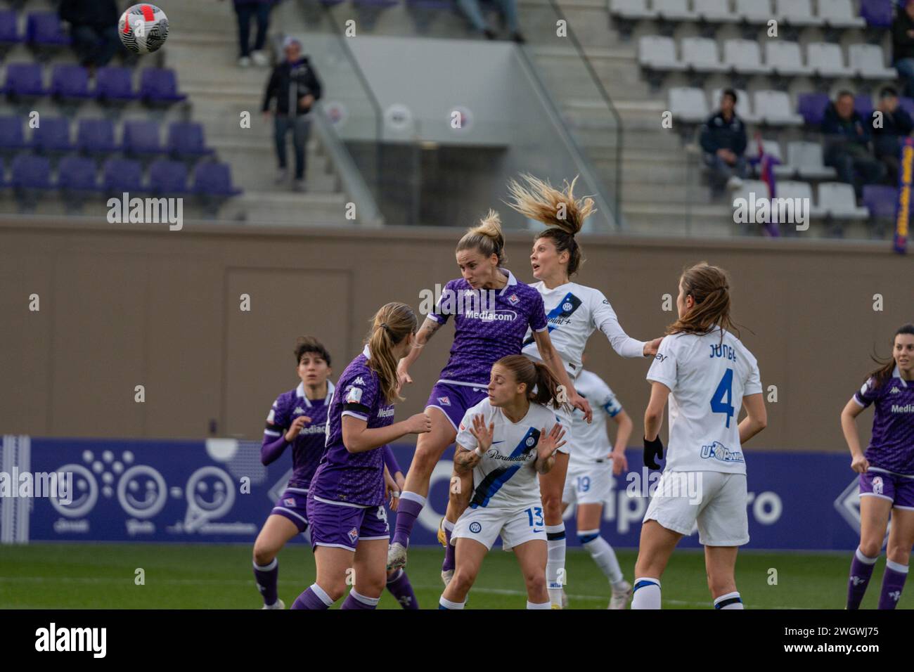 Florence, Italy. 06th Feb, 2024. Florence, Italy, February 6th 2024: Michela Cambiaghi (36 Inter) jumps during the Coppa Italia Women quarter-finals match between Fiorentina Women and Inter Women at Viola Park in Florence, Italy. (Sara Esposito/SPP) Credit: SPP Sport Press Photo. /Alamy Live News Stock Photo