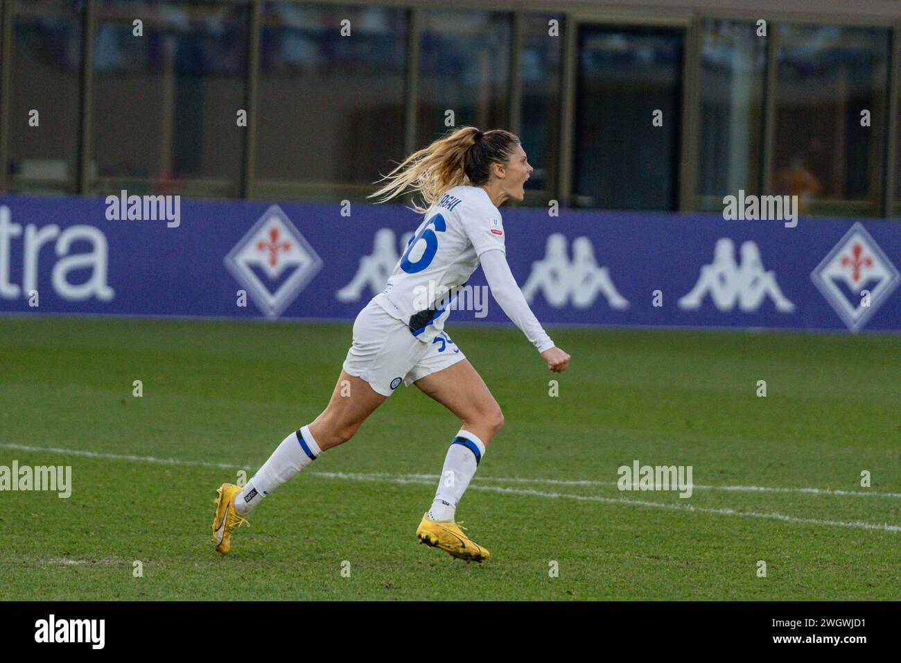 Florence, Italy. 06th Feb, 2024. Florence, Italy, February 6th 2024: Michela Cambiaghi (36 Inter) celebrates after scoring her team's first goal during the Coppa Italia Women quarter-finals match between Fiorentina Women and Inter Women at Viola Park in Florence, Italy. (Sara Esposito/SPP) Credit: SPP Sport Press Photo. /Alamy Live News Stock Photo
