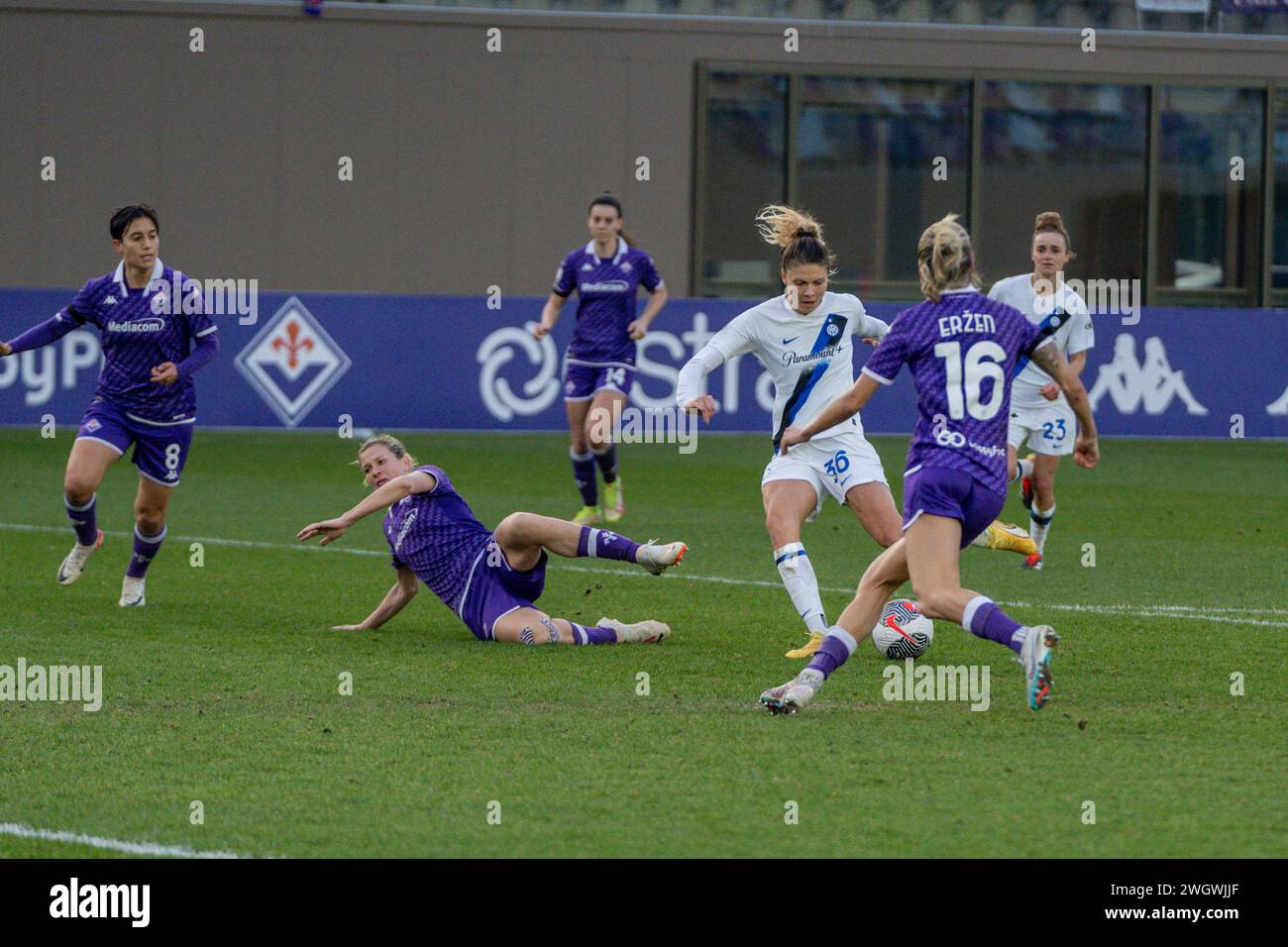 Florence, Italy. 06th Feb, 2024. Florence, Italy, February 6th 2024: Michela Cambiaghi (36 Inter) scores her team's first goal during the Coppa Italia Women quarter-finals match between Fiorentina Women and Inter Women at Viola Park in Florence, Italy. (Sara Esposito/SPP) Credit: SPP Sport Press Photo. /Alamy Live News Stock Photo