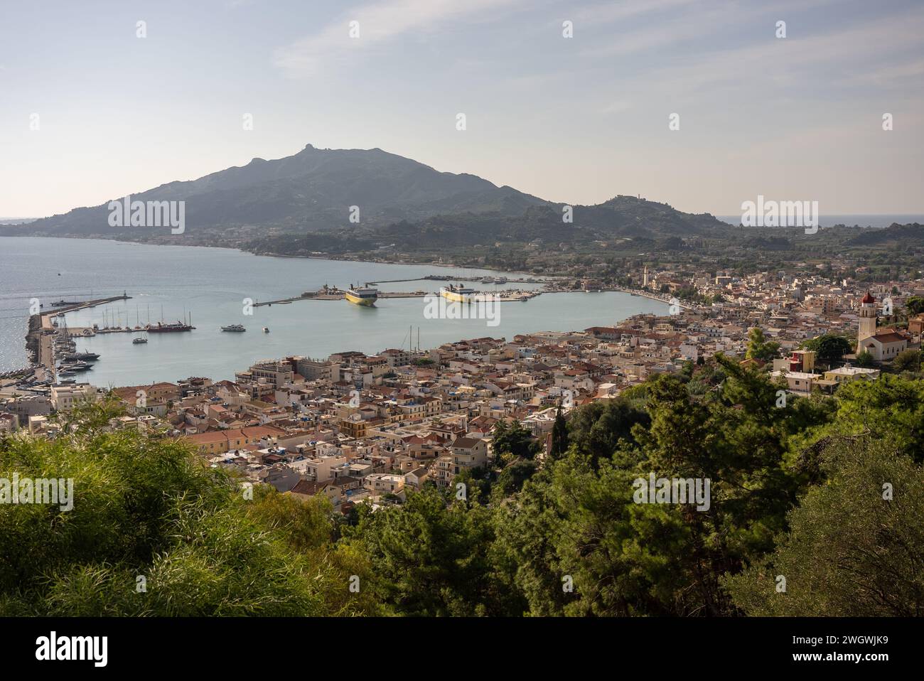 Harbor of Zakynthos town seen from bochali view point, Greece.  Zakynthos town city. Panorama of the Zante Zakynthos town in Greece. Stock Photo