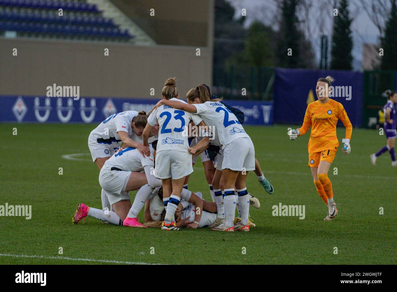 Florence, Italy. 06th Feb, 2024. Florence, Italy, February 6th 2024: Michela Cambiaghi (36 Inter) celebrates after scoring her team's first goal with teammates during the Coppa Italia Women quarter-finals match between Fiorentina Women and Inter Women at Viola Park in Florence, Italy. (Sara Esposito/SPP) Credit: SPP Sport Press Photo. /Alamy Live News Stock Photo