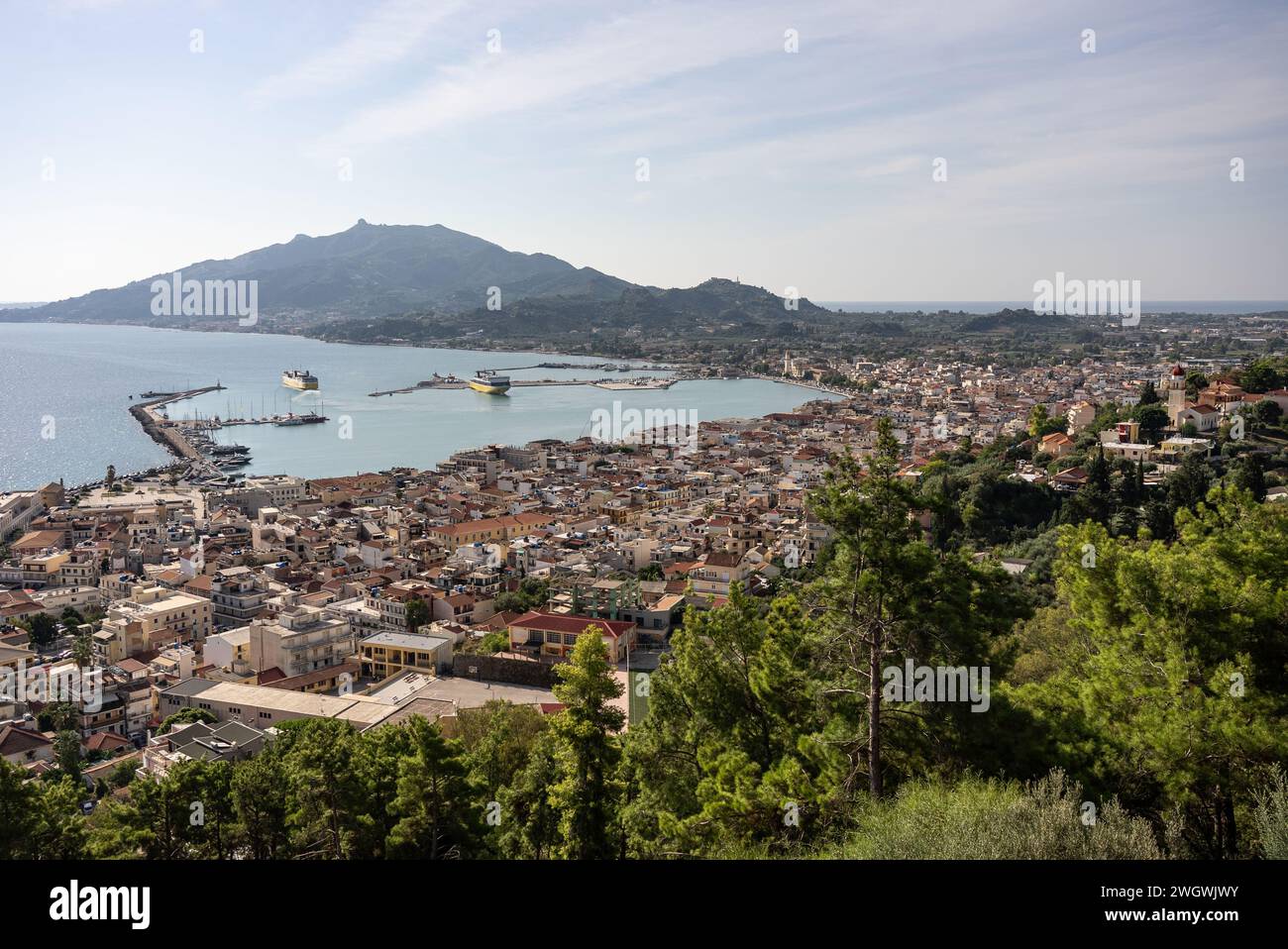 Harbor of Zakynthos town seen from bochali view point, Greece.  Zakynthos town city. Panorama of the Zante Zakynthos town in Greece. Stock Photo